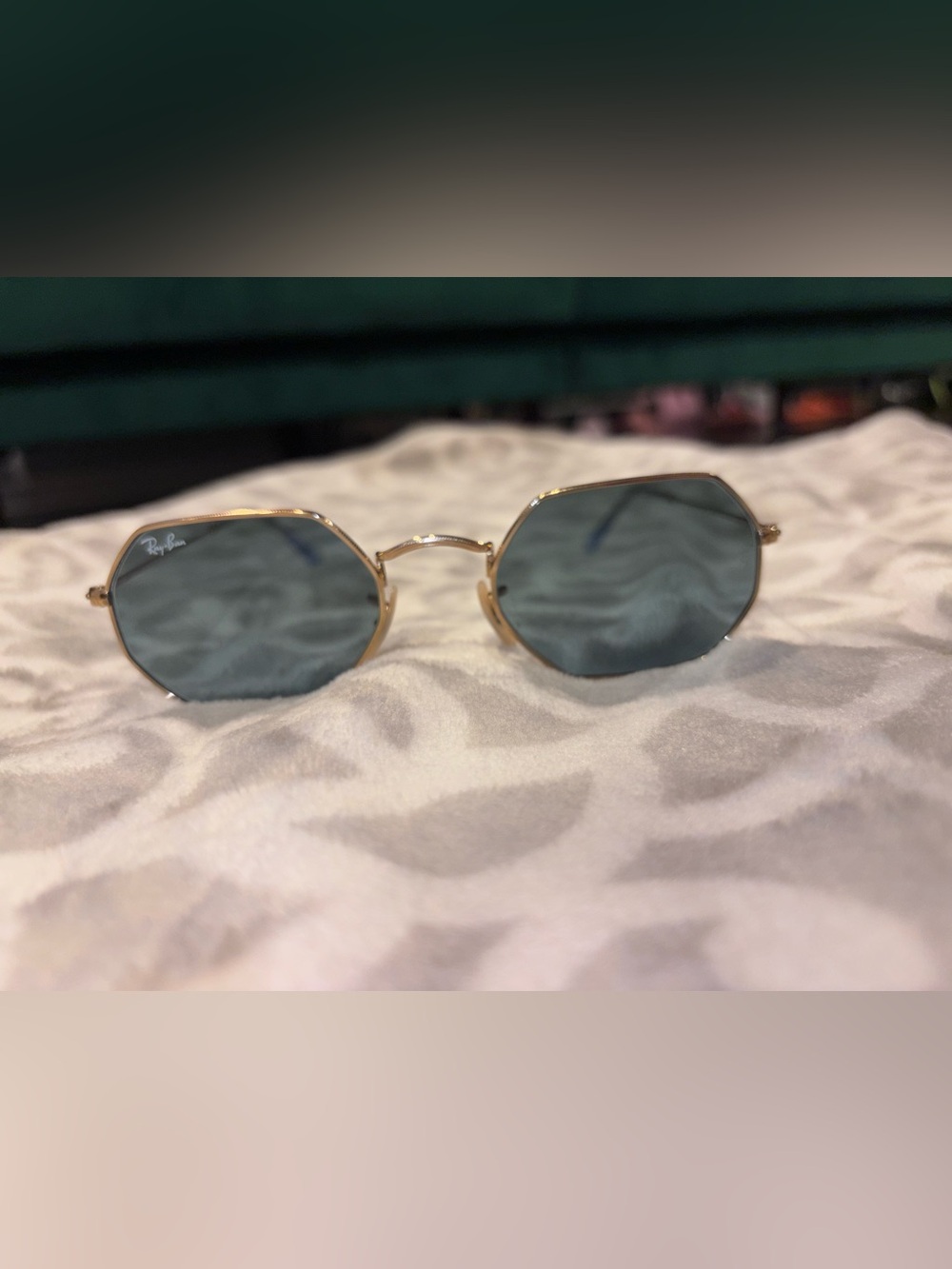 Ray-Ban Octagonal Sunglasses Blue Lenses Gold Frame - Picture 3 of 5